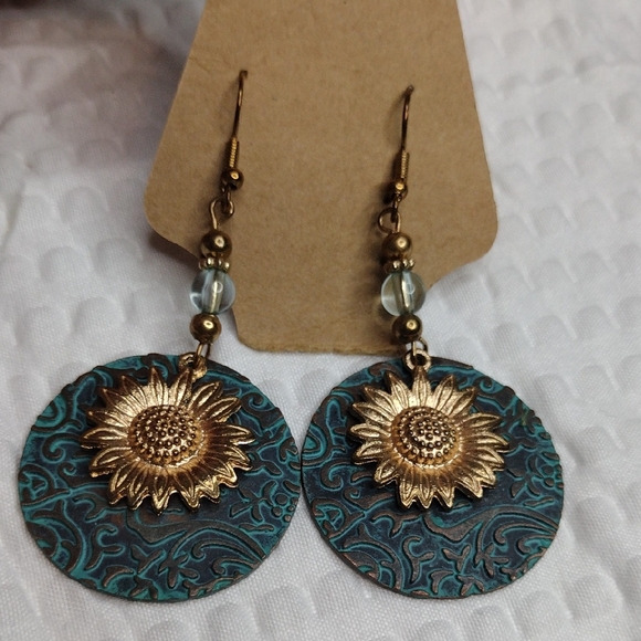 Jewelry - Gold and Turquoise Blue Sunflower Earrings